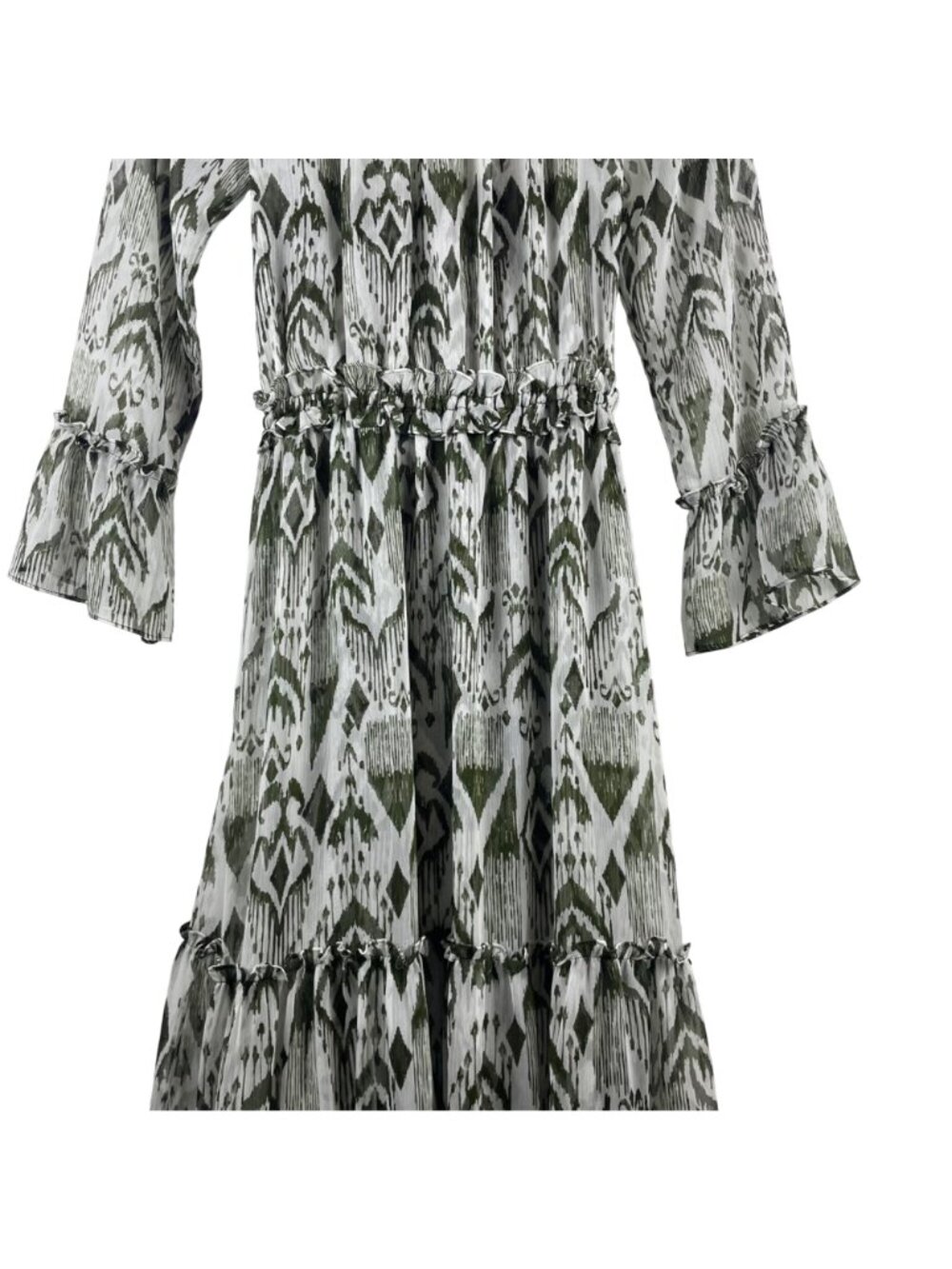 MISA Los Angeles Hadeya Green White Ikat Print Tiered Midi Dress Ruffles Small - Picture 11 of 13